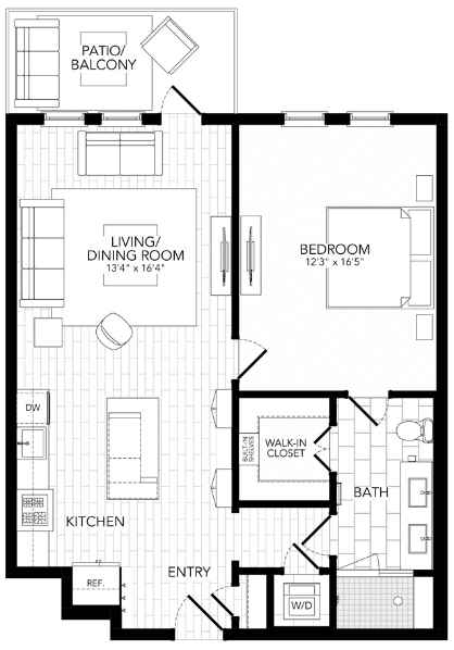 Floor plan for 1 bed, 1 bath, 864 sqft